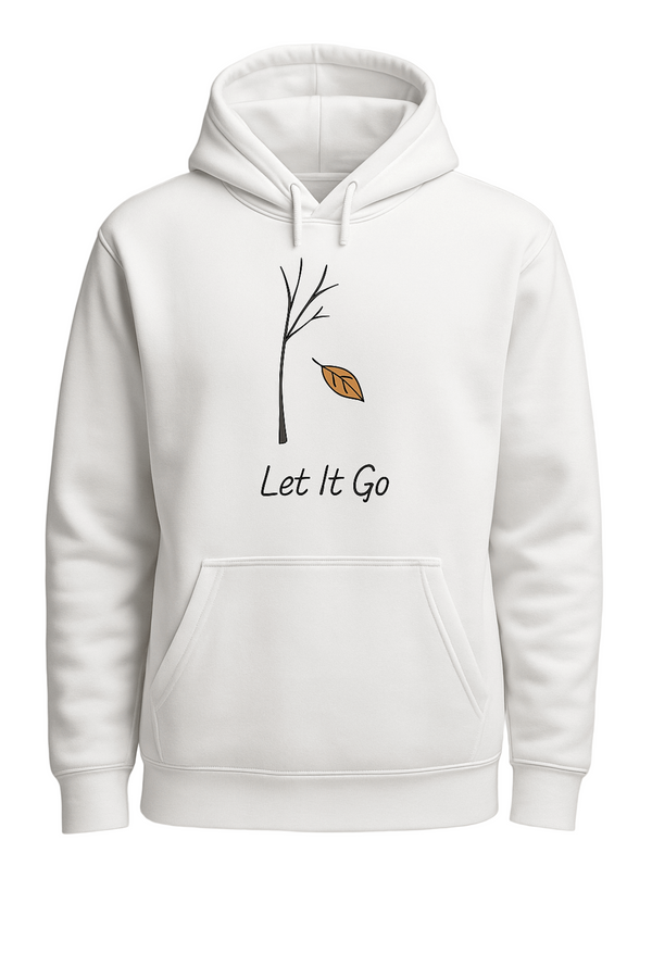 White hoodie with a minimalist design of a leaf and 'Let It Go' text on a light gray background