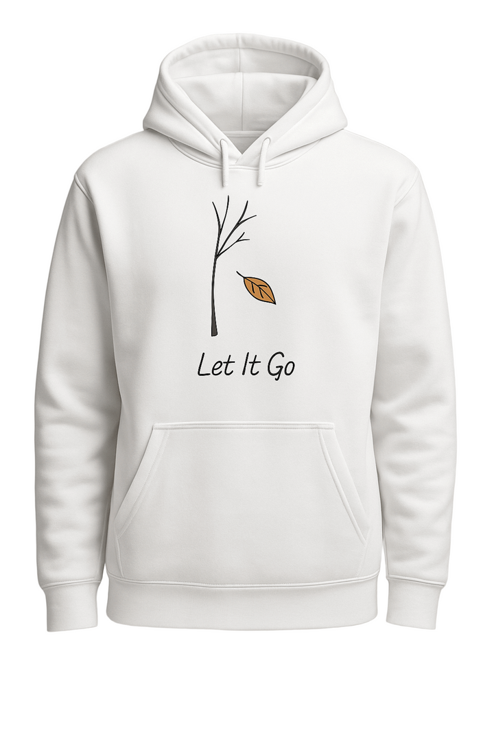 White hoodie with a minimalist design of a leaf and 'Let It Go' text on a light gray background