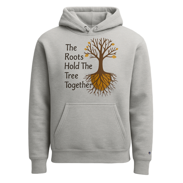 Gray hoodie with a tree design and text on a beige background