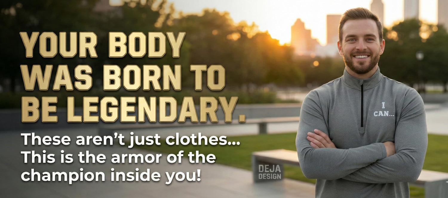 Man standing outdoors with motivational text about body and armor of a champion