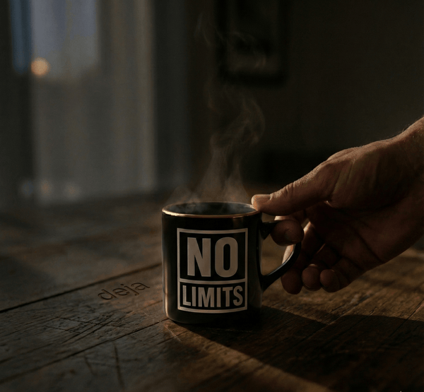 Hand holding a mug with 'NO LIMITS' text on a wooden surface