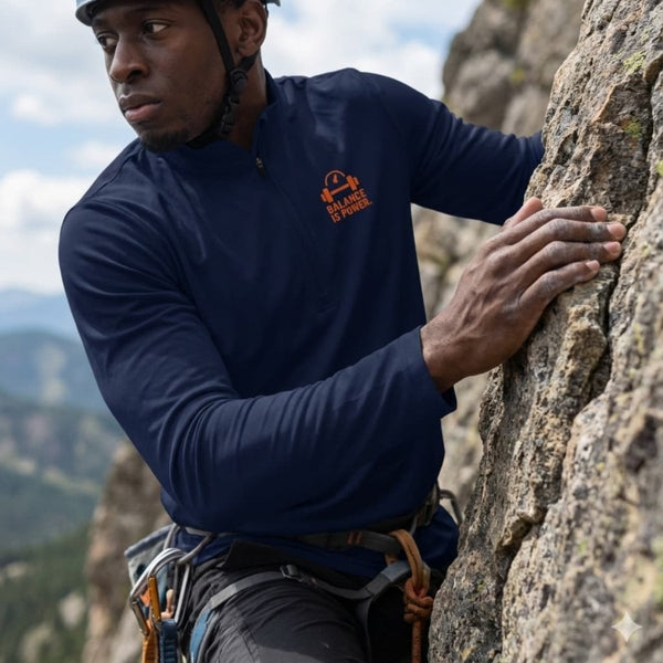 Person climbing a rocky mountain wearing a navy blue shirt with a logo.