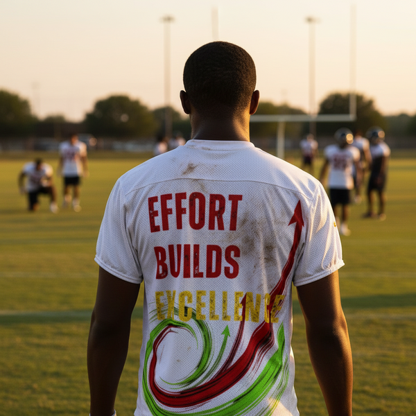 Rear view of a football player on a practice field at sunset, wearing the white mesh jersey from image_0.png with 'EFFORT BUILDS EXCELLENCE' printed in distressed red and yellow text above a red and green upward arrow graphic