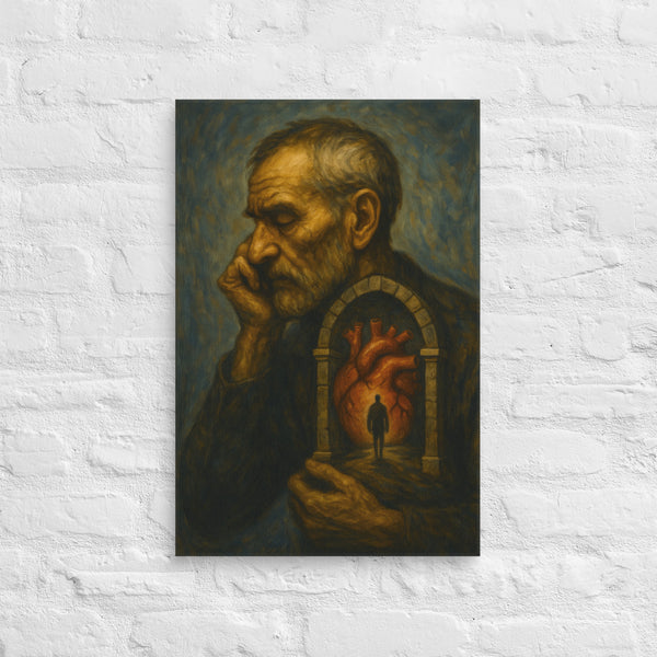 Artistic depiction of an elderly man with a heart and silhouette in the background on a textured white wall.