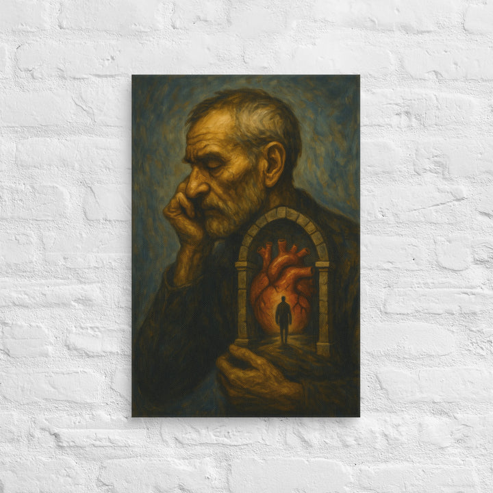 Artistic depiction of an elderly man with a heart and silhouette in the background on a textured white wall.
