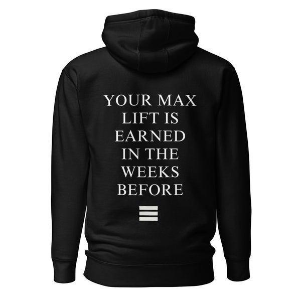 Black hoodie with white text on the back on a white background