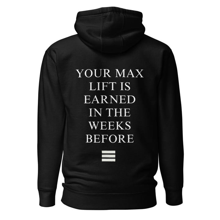 Black hoodie with white text on the back on a white background