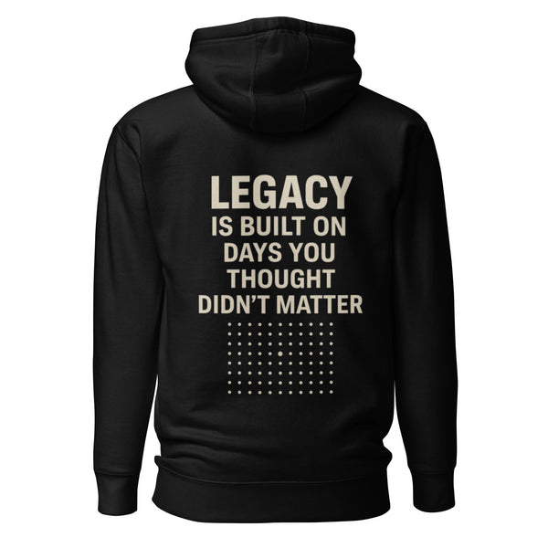 Black hoodie with motivational text on the back against a white background
