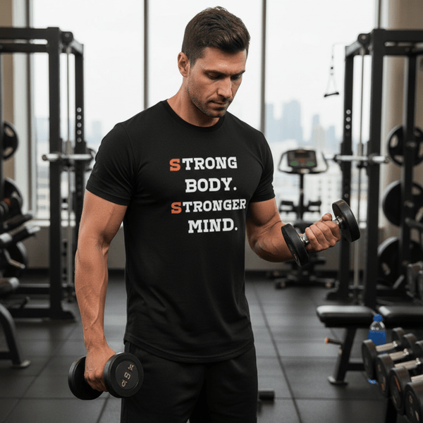 Man in a gym wearing a black t-shirt with motivational text, holding dumbbells.