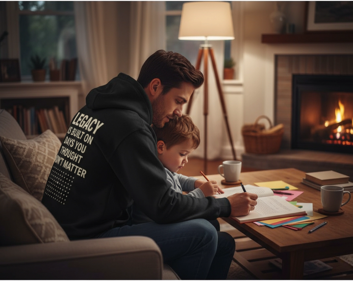 Man and child sitting together at a table with a warm, cozy living room setting.