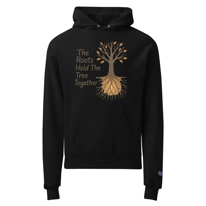 Black hoodie with tree design and text on a white background