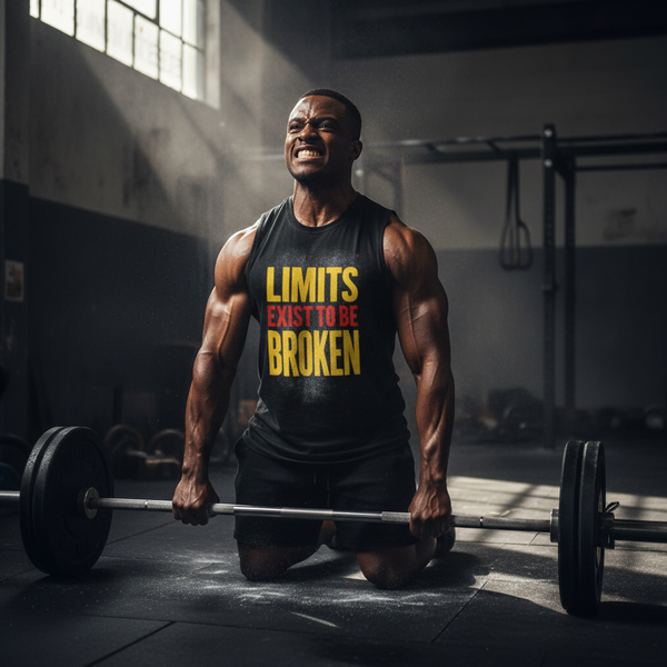 Muscular man in a black tank top with yellow and red text 'LIMITS EXIST TO BE BROKEN' from image_1.png, lifting heavy weights in a dimly lit gym, covered in sweat.
