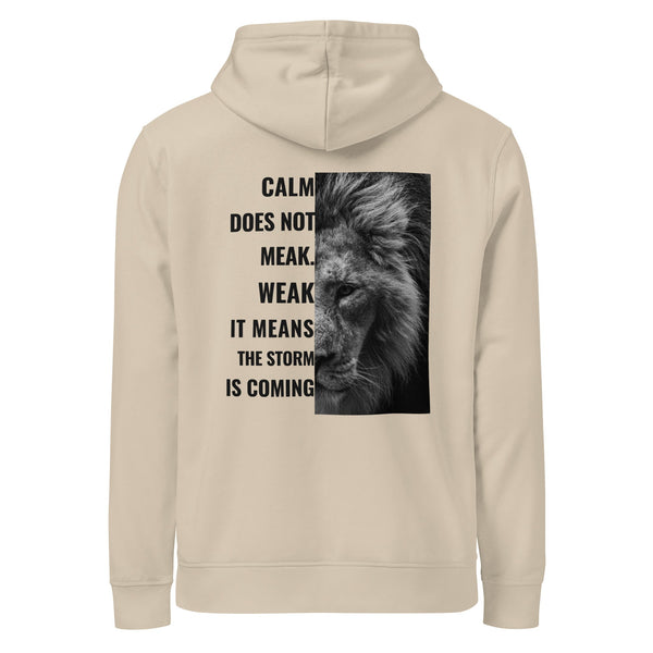 Beige hoodie with a lion graphic and motivational quote on the back