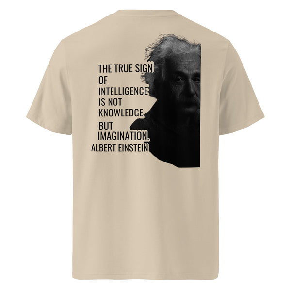 Beige t-shirt with black silhouette of Albert Einstein and quote on a white background