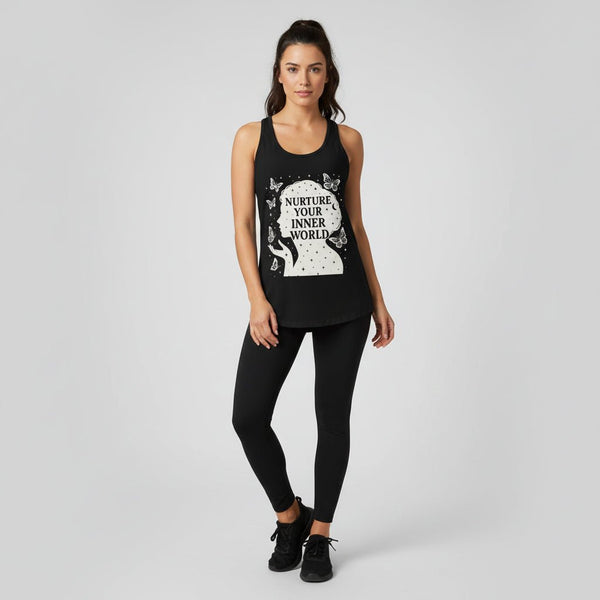 Black tank top with white graphic and text 'Nurture Your Inner World' on a white background